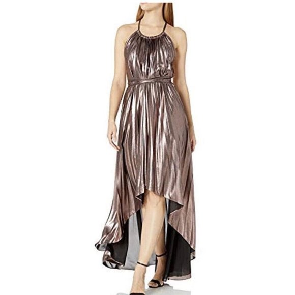 NWT BCBGMAXAZRIA S/P/C VALERIE METALLIC HALTER GOWN DRESS ROSE GOLD COMBO - Picture 1 of 4